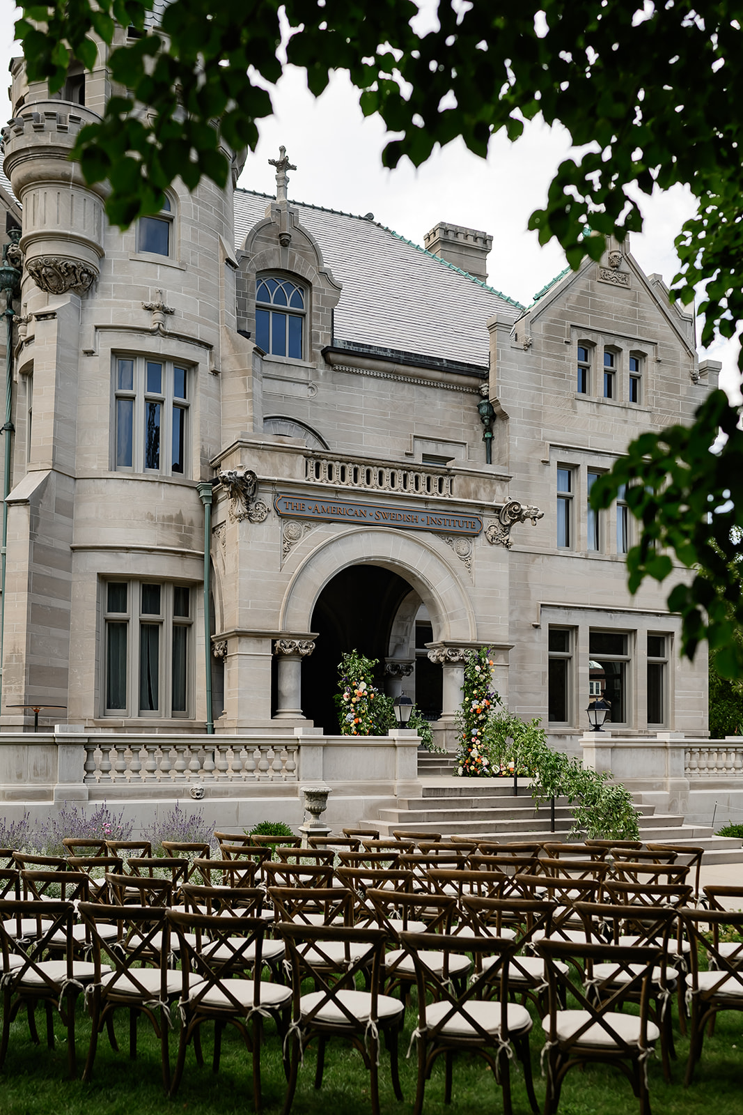 Romantic wedding at American Swedish Institute historic mansion in Minneapolis Outdoor courtyard ceremony at the American Swedish Institute wedding venue