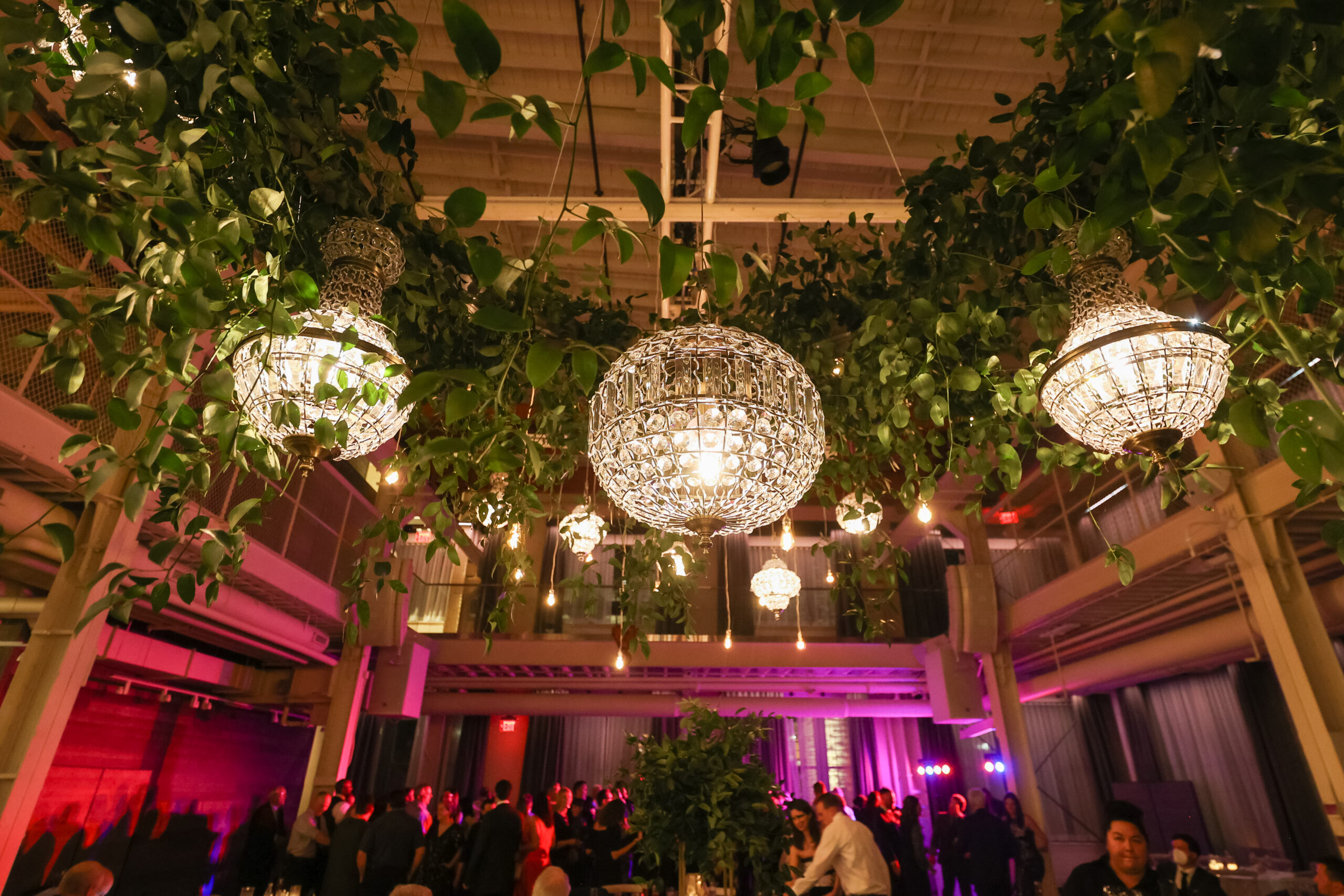 custom lighting installation at high end wedding Machine Shop Minneapolis